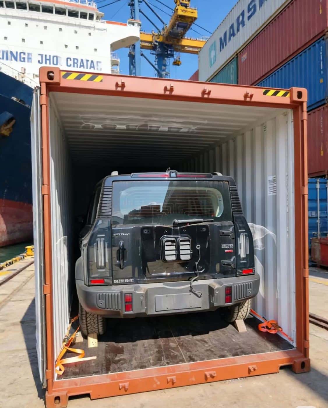 سيارة SUV مثبتة داخل حاوية 40 قدمًا